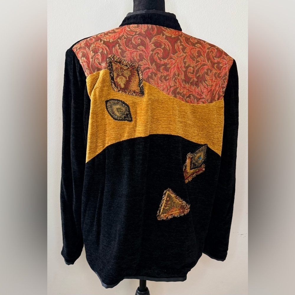 Vintage Black Chenille tapestry patchwork Jacket beaded leaves carved buttons XL - Picture 6 of 11